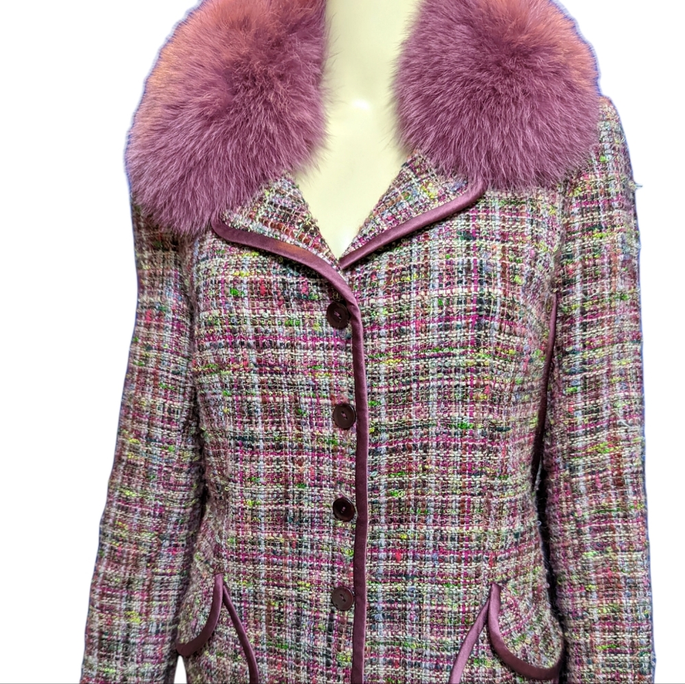 Jon Boucle Tweed Real Fur collar Jacket Sz 8
